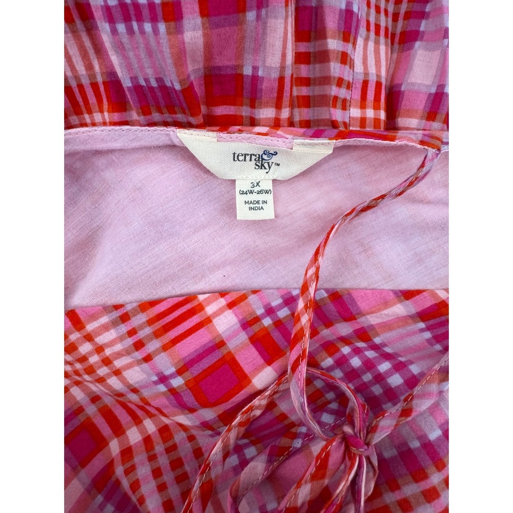 Terra & Sky Pink Orange Plaid V-Neck Flutter Sleeve Tiered Cotton Dress 24W-26W - Picture 4 of 5